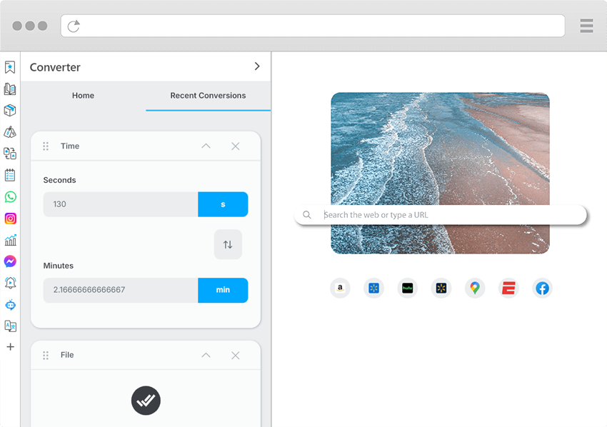 Wave Browser's Conversion Tool feature, granting the user the ability to convert units and file types from the comfort of their sidebar.