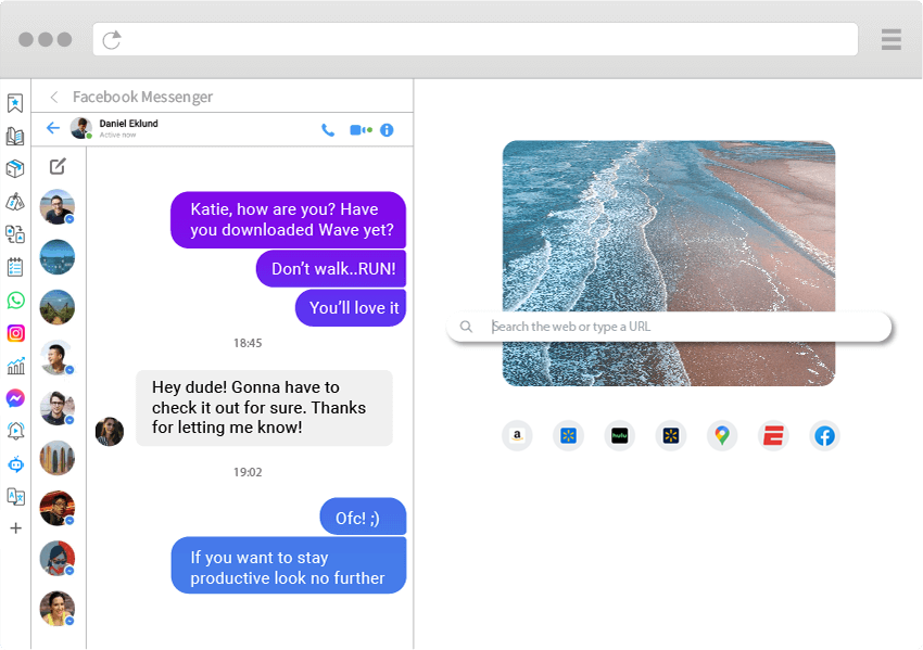 Wave Browser's Facebook Messenger feature, unlocking the ability to message close friends without exiting the browsing window.