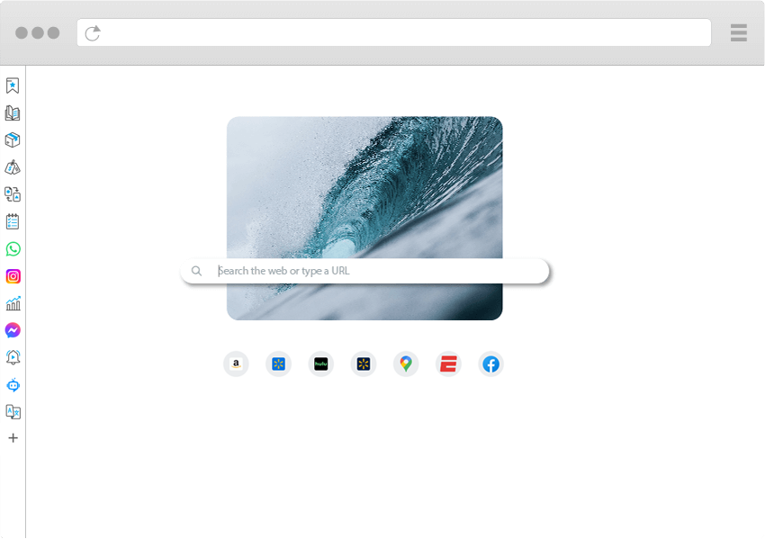 Wave Browser's New Tab Page, complete with a rotating image background and customizable bookmarks.