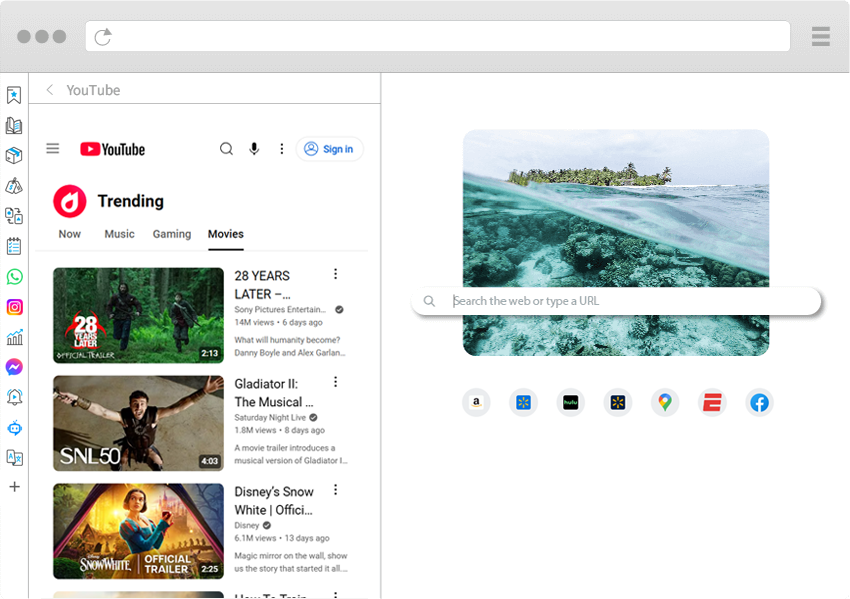 Wave Browser's Split View feature, enabling the user to explore the Internet at their own pace while having widgets or other sites open on the side.