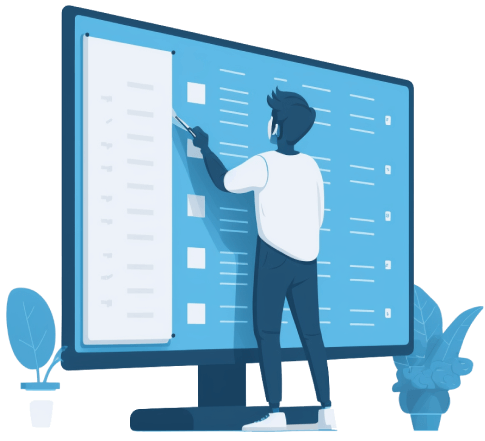 An illustration painting the picture of an individual sorting through data on a computer monitor, symbolizing the productiveness that one would welcome into their life upon downloading Wave Browser